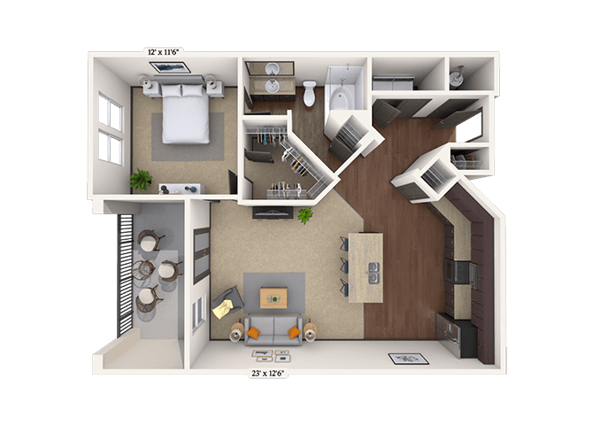 Floor plan for 1 bed, 1 bath, 767 sqft