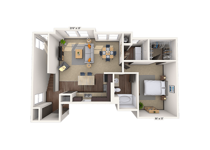 Floor plan for 1 bed, 1 bath, 1029 sqft