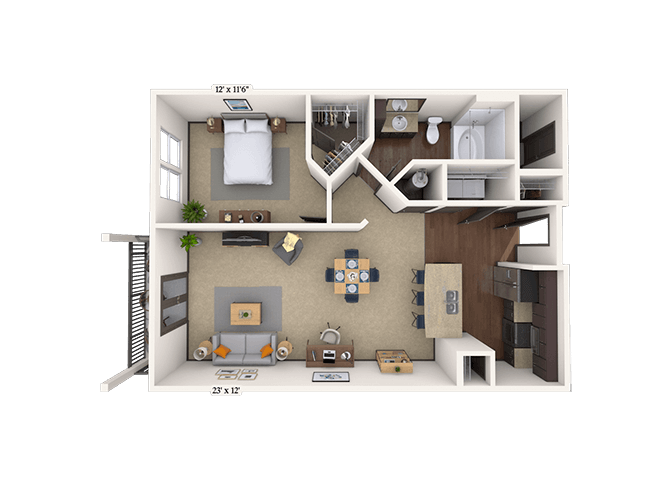 Floor plan for 1 bed, 1 bath, 721 sqft