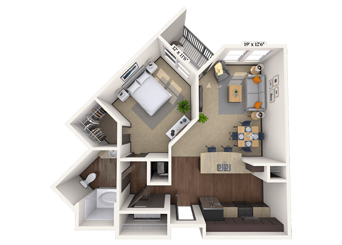 Floor plan for 1 bed, 1 bath, 784 sqft