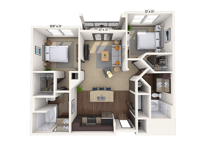 Floor plan for 2 beds, 2 baths, 1049 sqft