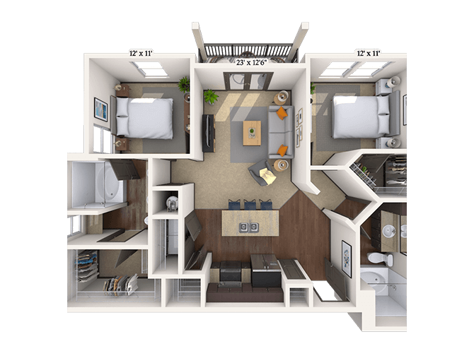 Floor plan for 2 beds, 2 baths, 1136 sqft