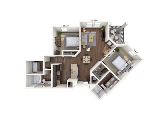 Floor plan for 2 beds, 2 baths, 1104 sqft