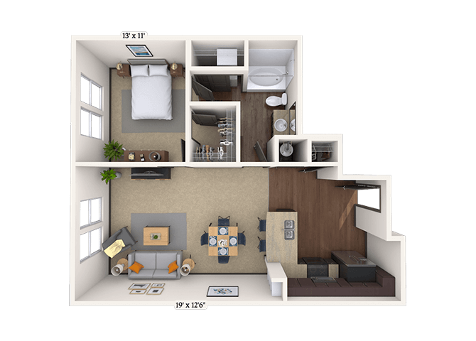 Floor plan for 1 bed, 1 bath, 742 sqft