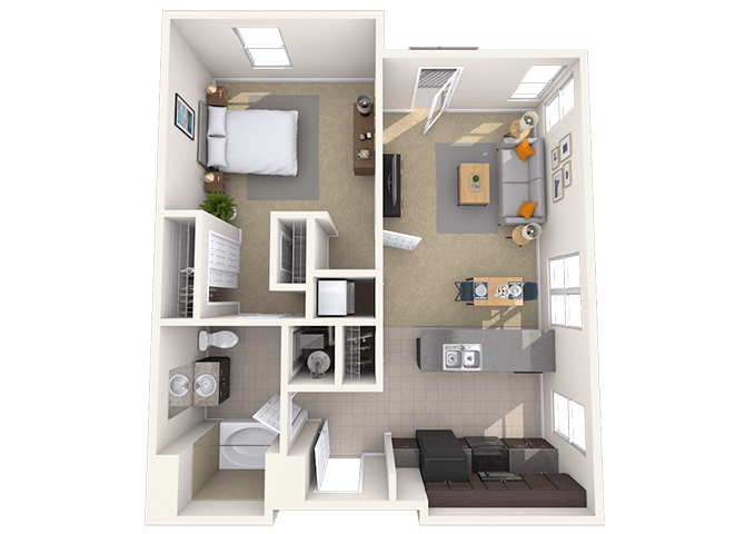 Floor plan for 1 bed, 1 bath, 706 sqft