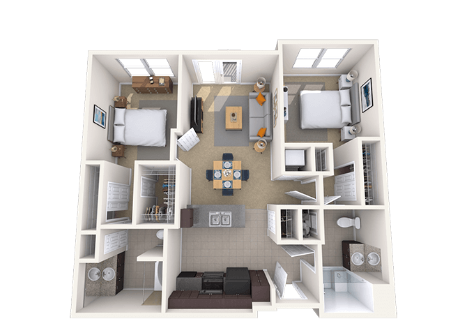 Floor plan for 2 beds, 2 baths, 1052 sqft