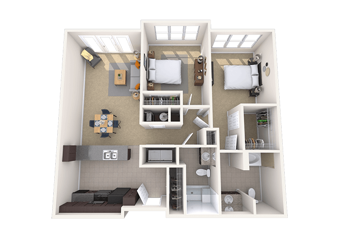Floor plan for 2 beds, 2 baths, 1052 sqft