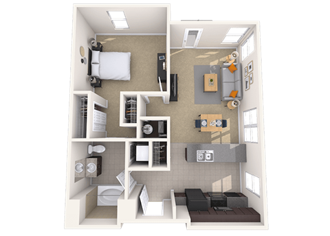 Floor plan for 1 bed, 1 bath, 704 sqft