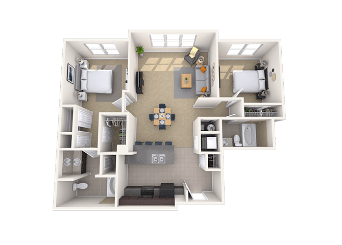 Floor plan for 2 beds, 2 baths, 1065 sqft