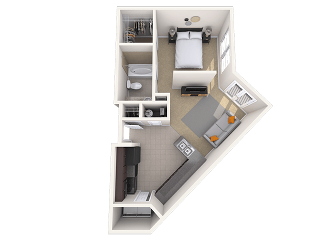 Floor plan for 1 bed, 1 bath, 618 sqft