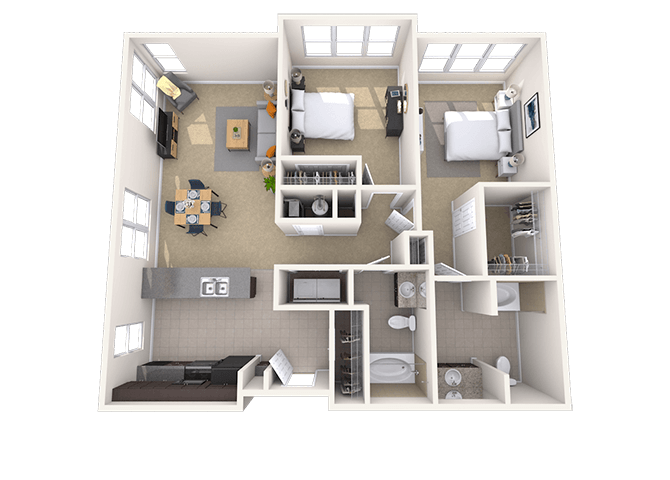 Floor plan for 2 beds, 2 baths, 1053 sqft