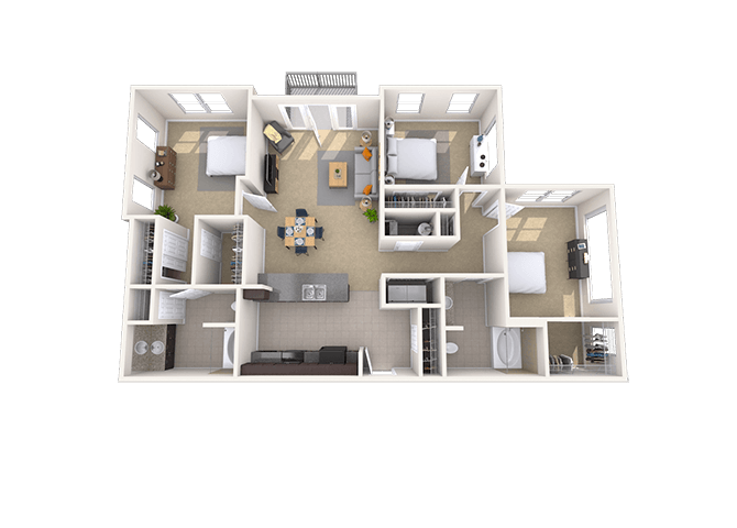 Floor plan for 3 beds, 2 baths, 1313 sqft