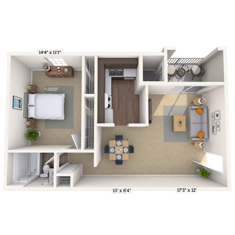 Floor plan for 1 bed, 1 bath, 752 sqft