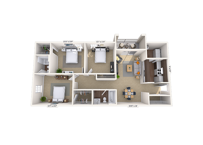 Floor plan for 3 beds, 2 baths, 1120 sqft