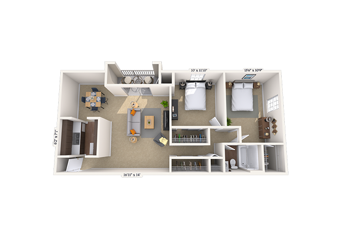 Floor plan for 2 beds, 1 bath, 970 sqft