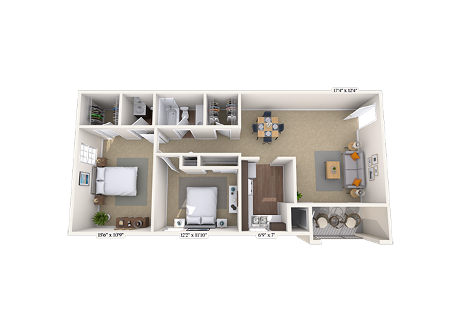 Floor plan for 2 beds, 1 bath, 921 sqft