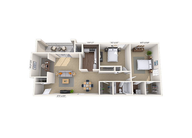Floor plan for 2 beds, 1 bath, 953 sqft