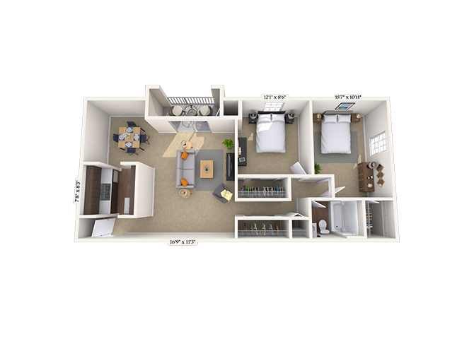 Floor plan for 2 beds, 1 bath, 900 sqft