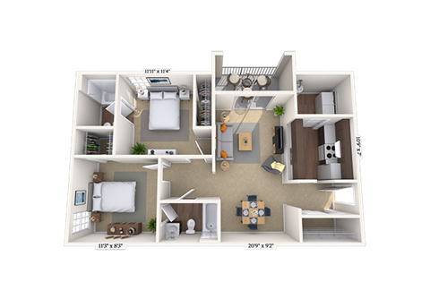 Floor plan for 2 beds, 2 baths, 848 sqft