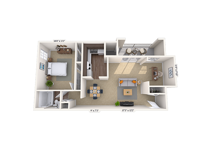 Floor plan for 1 bed, 1 bath, 863 sqft