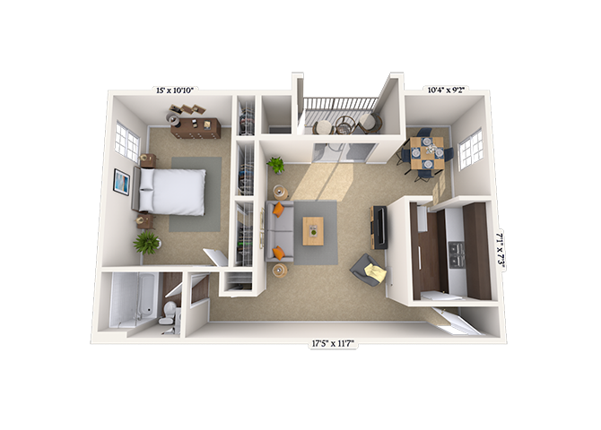 Floor plan for 1 bed, 1 bath, 680 sqft