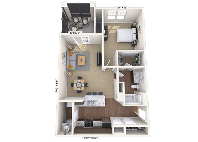 Floor plan for 1 bed, 1 bath, 781 sqft