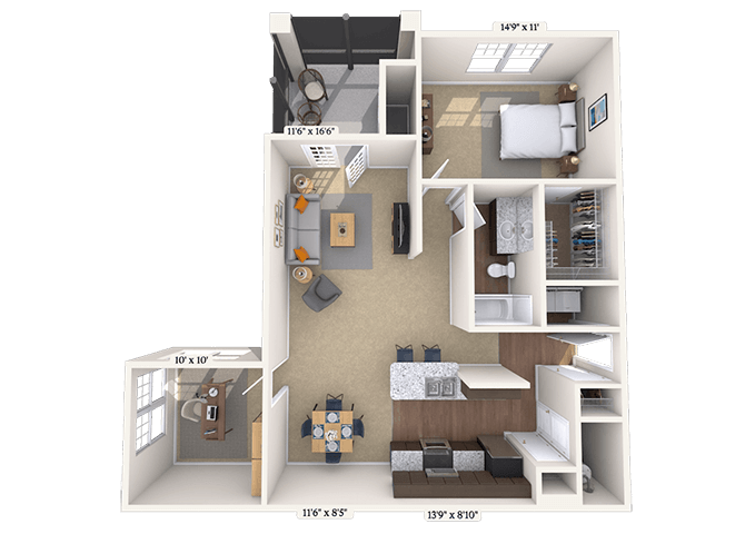 Floor plan for 1 bed, 1 bath, 995 sqft