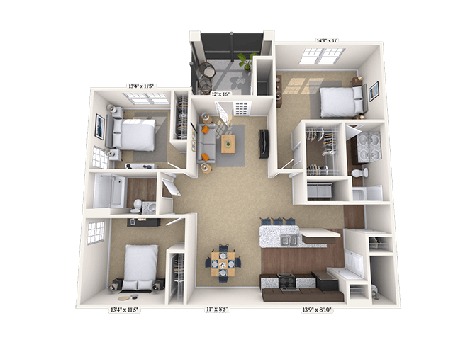 Floor plan for 3 beds, 2 baths, 1300 sqft