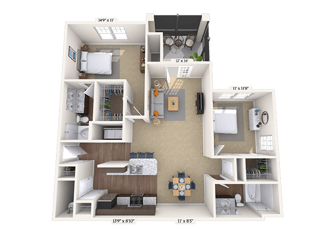 Floor plan for 2 beds, 2 baths, 1157 sqft