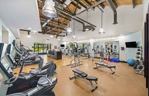 Fredericksburg apartment for rent - a gym with treadmills and other exercise equipment in a building with high ceilings