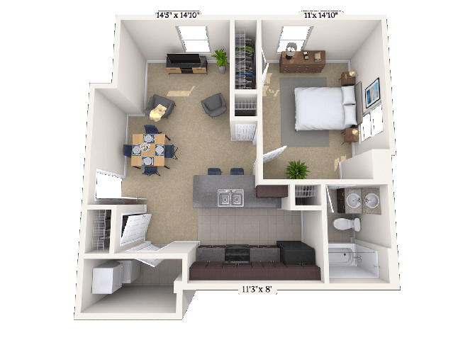 Floor plan for 1 bed, 1 bath, 590 sqft