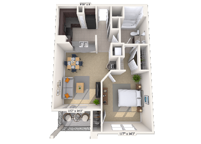 Floor plan for 1 bed, 1 bath, 680 sqft