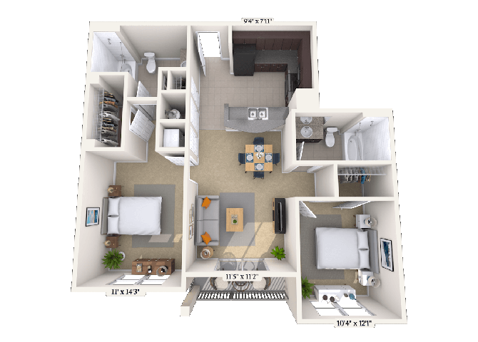 Floor plan for 2 beds, 2 baths, 895 sqft