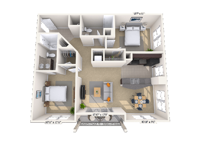 Floor plan for 2 beds, 2 baths, 1190 sqft