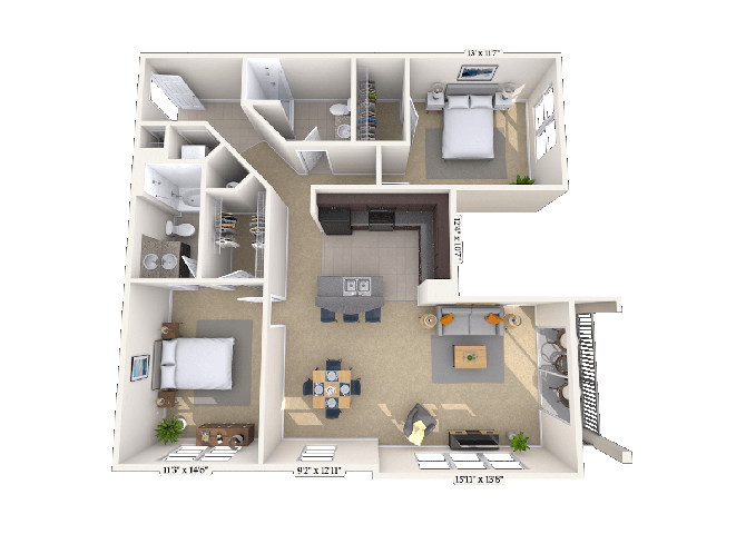 Floor plan for 2 beds, 2 baths, 1170 sqft