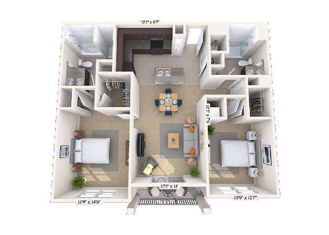 Floor plan for 2 beds, 2 baths, 1005 sqft