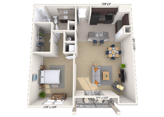 Floor plan for 1 bed, 1 bath, 830 sqft