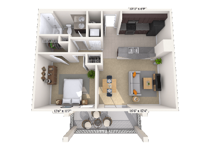Floor plan for 1 bed, 1 bath, 635 sqft