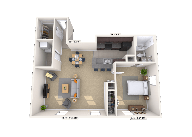 Floor plan for 1 bed, 1 bath, 835 sqft