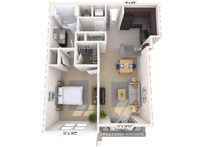 Floor plan for 1 bed, 1 bath, 660 sqft