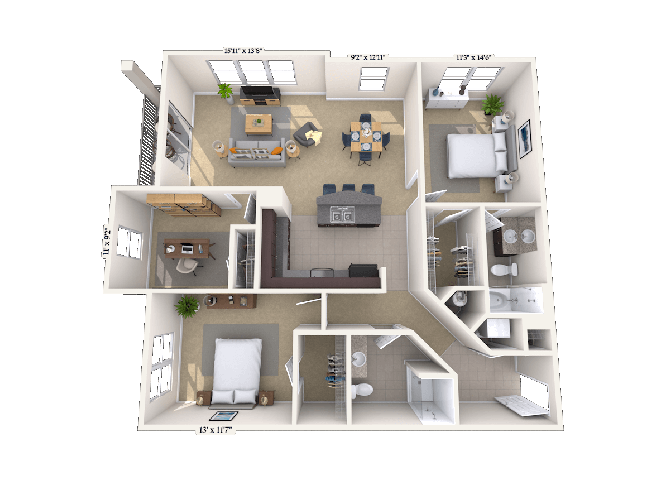 Floor plan for 2 beds, 2 baths, 1300 sqft