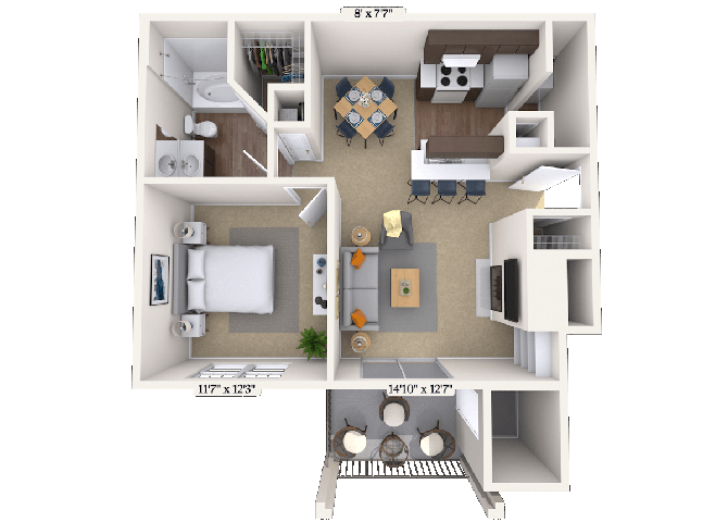 Floor plan for 1 bed, 1 bath, 692 sqft