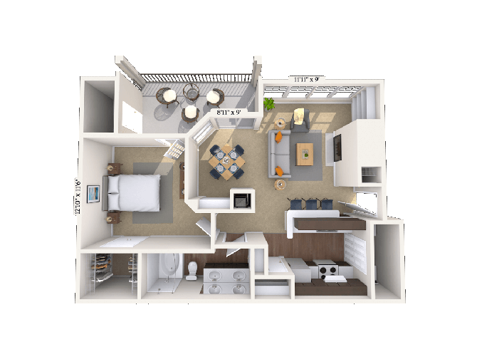 Floor plan for 1 bed, 1 bath, 785 sqft