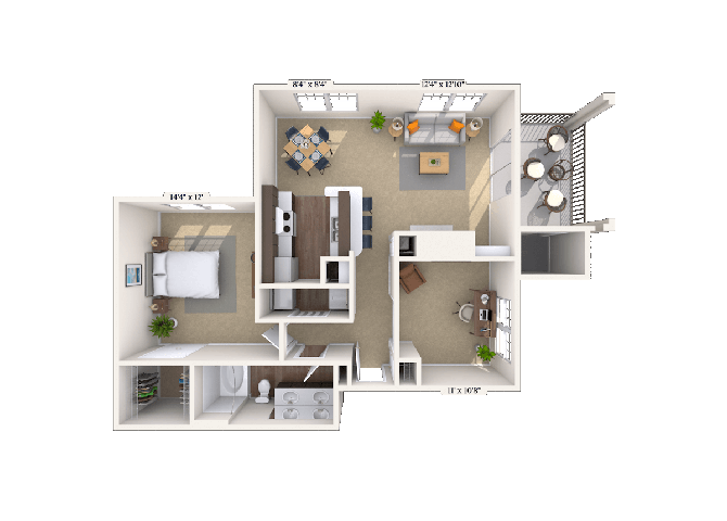 Floor plan for 1 bed, 1 bath, 912 sqft