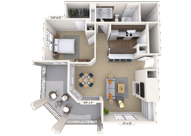 Floor plan for 1 bed, 1 bath, 781 sqft