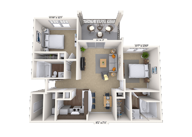 Floor plan for 2 beds, 2 baths, 991 sqft