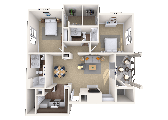 Floor plan for 2 beds, 2 baths, 1065 sqft