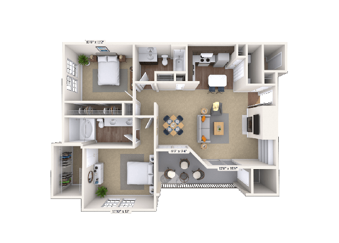 Floor plan for 2 beds, 2 baths, 1163 sqft