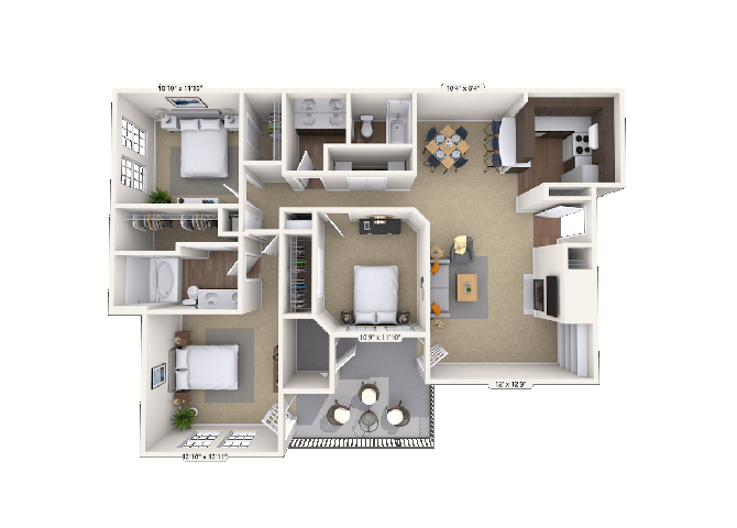 Floor plan for 3 beds, 2 baths, 1362 sqft