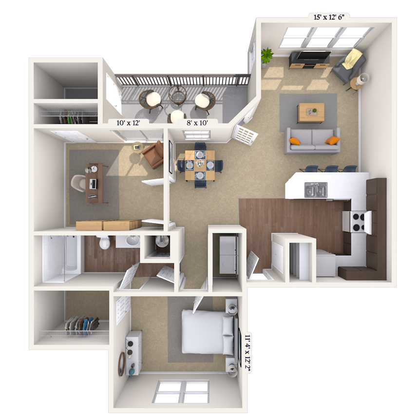 Floor plan for 2 beds, 1 bath, 935 sqft